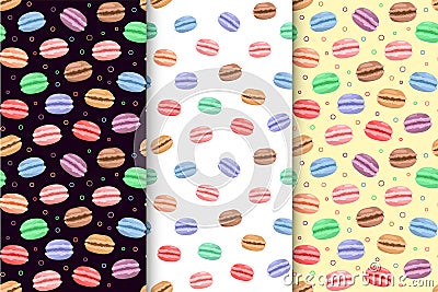 Set of Colorful Macarons. Vector seamless black, white, yellow pattern. French delicious background Vector Illustration